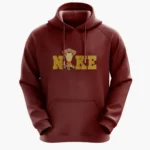 Análisis de la imagen: La imagen muestra dos sudaderas con capucha de color granate/borgoña, diseñadas para ser un conjunto de pareja o dúo El diseño central es una parodia de un logo deportivo famoso, donde la letra ‘I’ ha sido reemplazada por ilustraciones estilizadas de los personajes Woody y Jessie de *Toy Story*Título del producto (3-5 palabras, SEO friendly):Sudaderas Pareja Temática Vaqueros